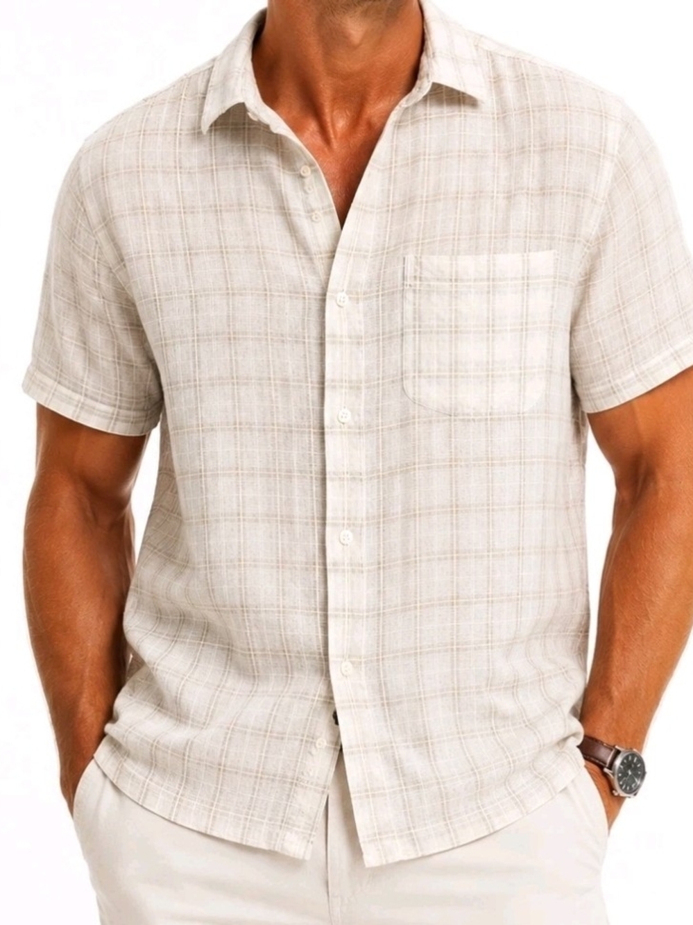 Casual Men's Short-Sleeve Cream Plaid Button-Down Shirt